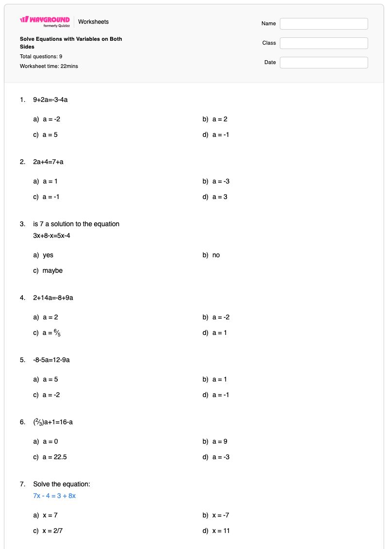 Solve Equations with Variables on Both Sides - Printable Equations-with-variables-on-both-sides Worksheets Class 7 - Wayground