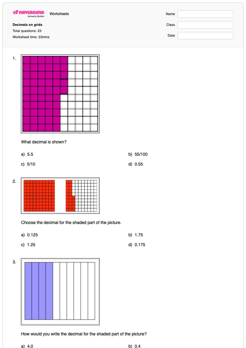 Decimals on grids - พิมพ์ได้ การใช้ตารางทศนิยม เวิร์กชีท ระดับ 5 - Wayground