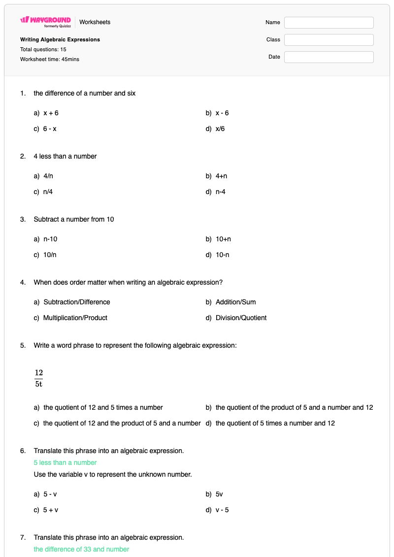 Writing Algebraic Expressions - พิมพ์ได้ การแสดงออก เวิร์กชีท - Wayground