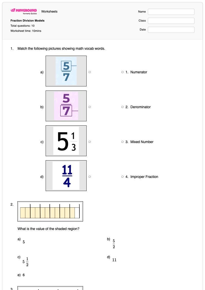 Fraction Division Models - พิมพ์ได้ แบบจำลองเศษส่วน เวิร์กชีท - Wayground