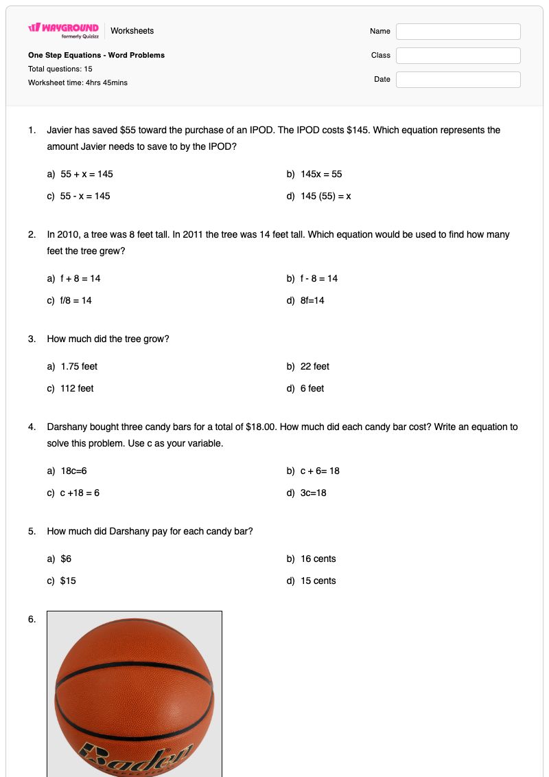 One Step Equations - Word Problems - พิมพ์ได้ สมการขั้นตอนเดียว เวิร์กชีท - Wayground