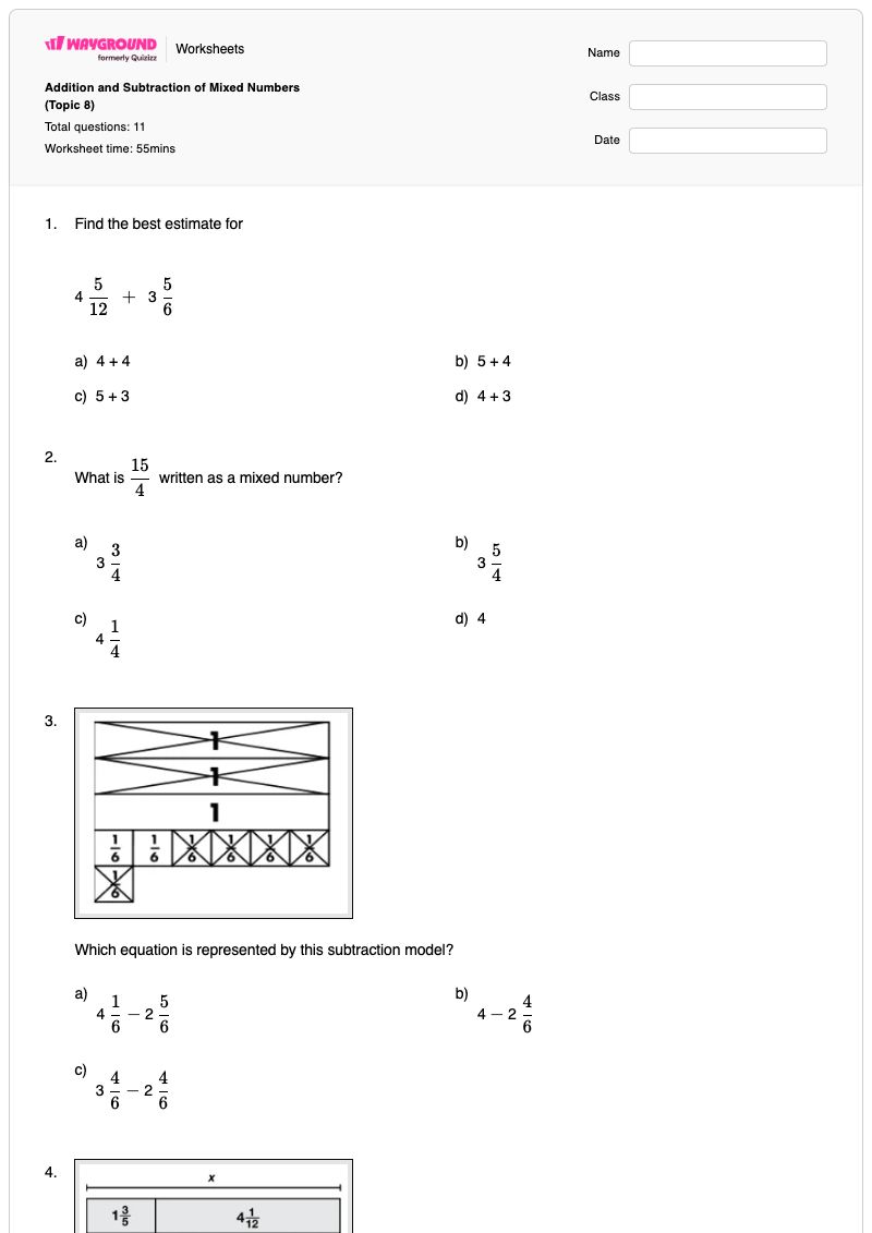 Addition and Subtraction of Mixed Numbers (Topic 8) - Printable Mixed-addition-and-subtraction Worksheets - Wayground