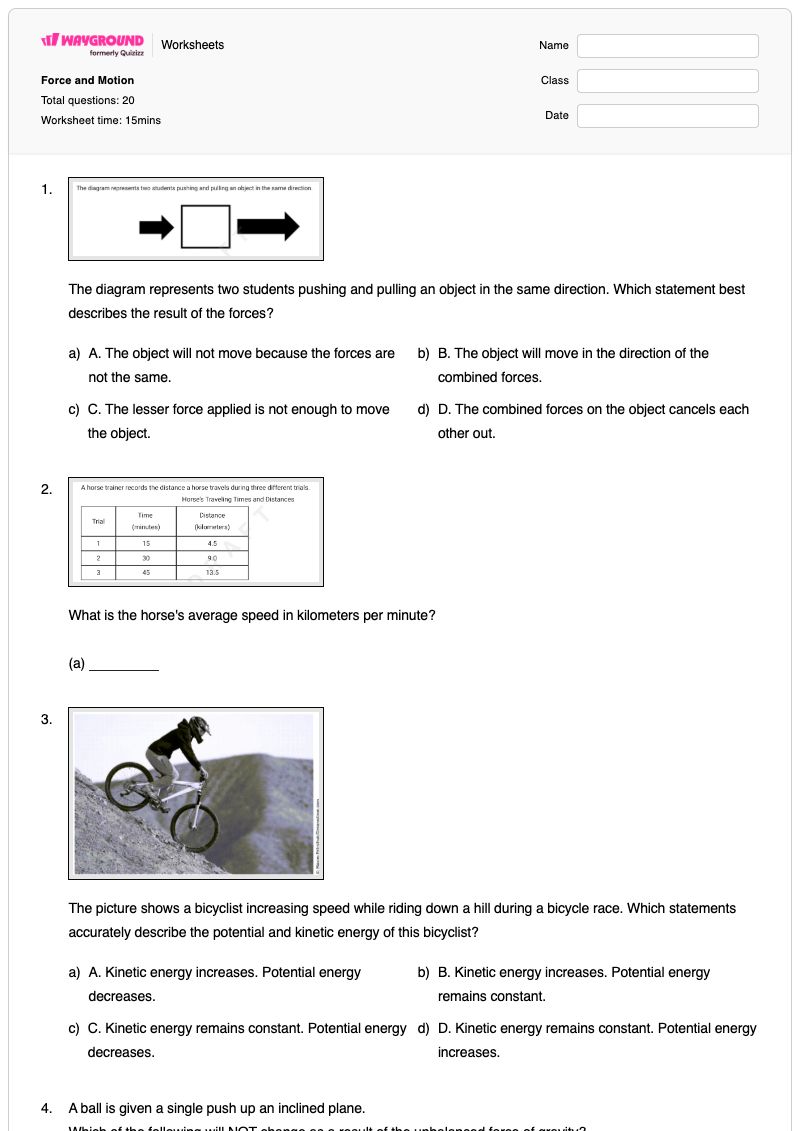 Force and Motion - Printable Net-force-and-acceleration Worksheets Year 6 - Wayground