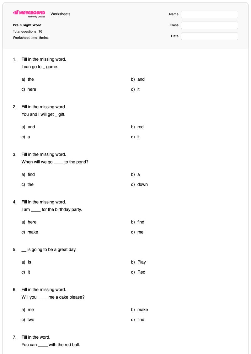 Pre K sight Word - Printable Subtraction Worksheets - Wayground