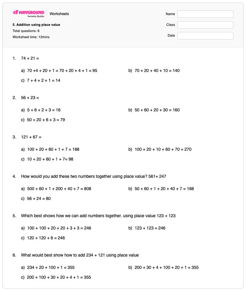 5. Addition using place value - พิมพ์ได้ ส่วนที่เพิ่มเข้าไป เวิร์กชีท - Wayground