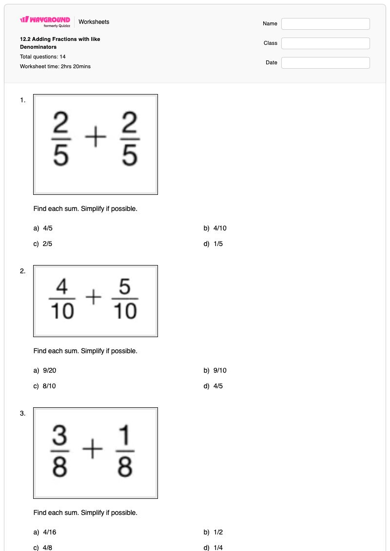 12.2 Adding Fractions with like Denominators - Printable Understanding-denominators Worksheets Kindergarten - Wayground