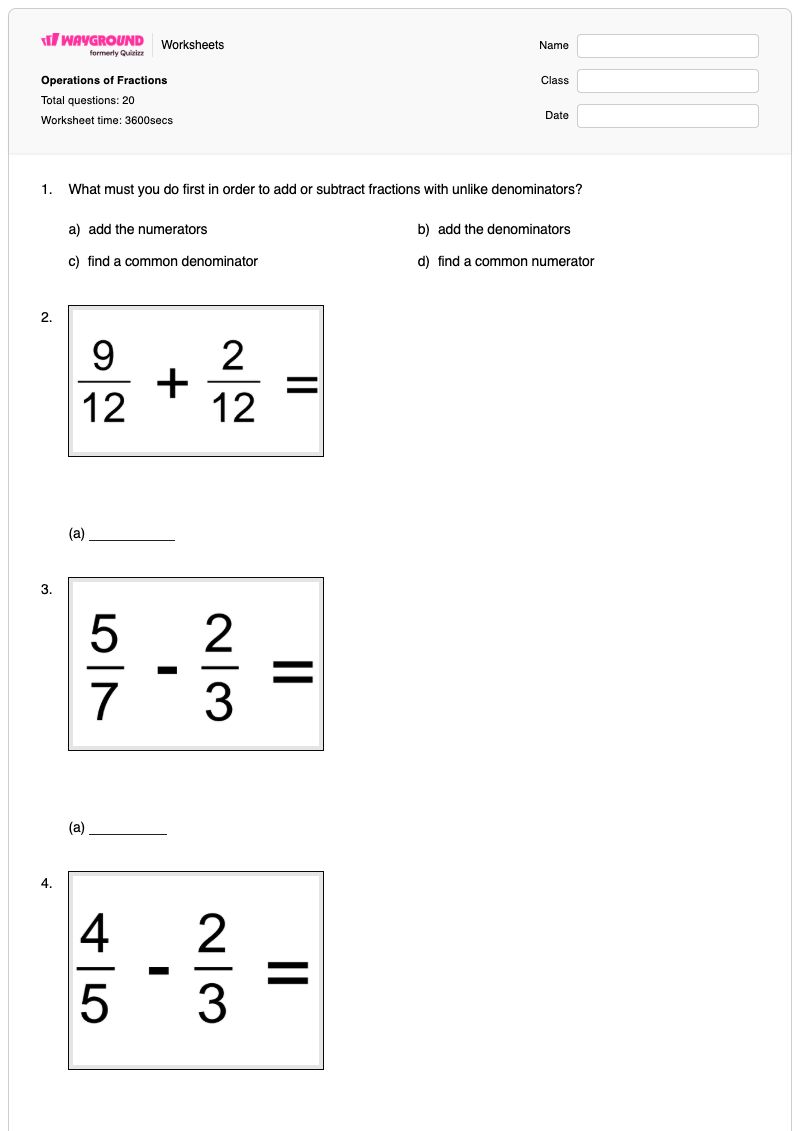 Operations of Fractions - Printable Functions-operations Worksheets Year 7 - Wayground