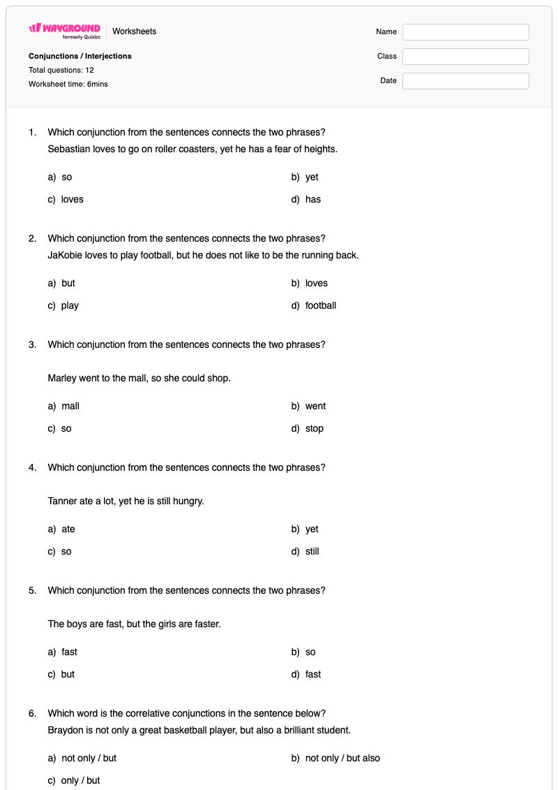 Conjunctions / Interjections - พิมพ์ได้ คำสันธาน เวิร์กชีท ระดับ 5 - Wayground