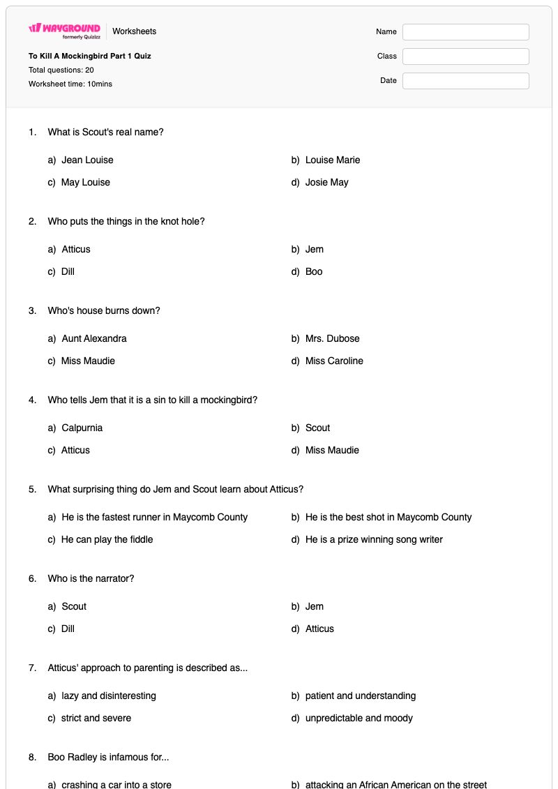 To Kill A Mockingbird Part 1 Quiz  - Printable To-kill-a-mockingbird Worksheets Year 10 - Wayground