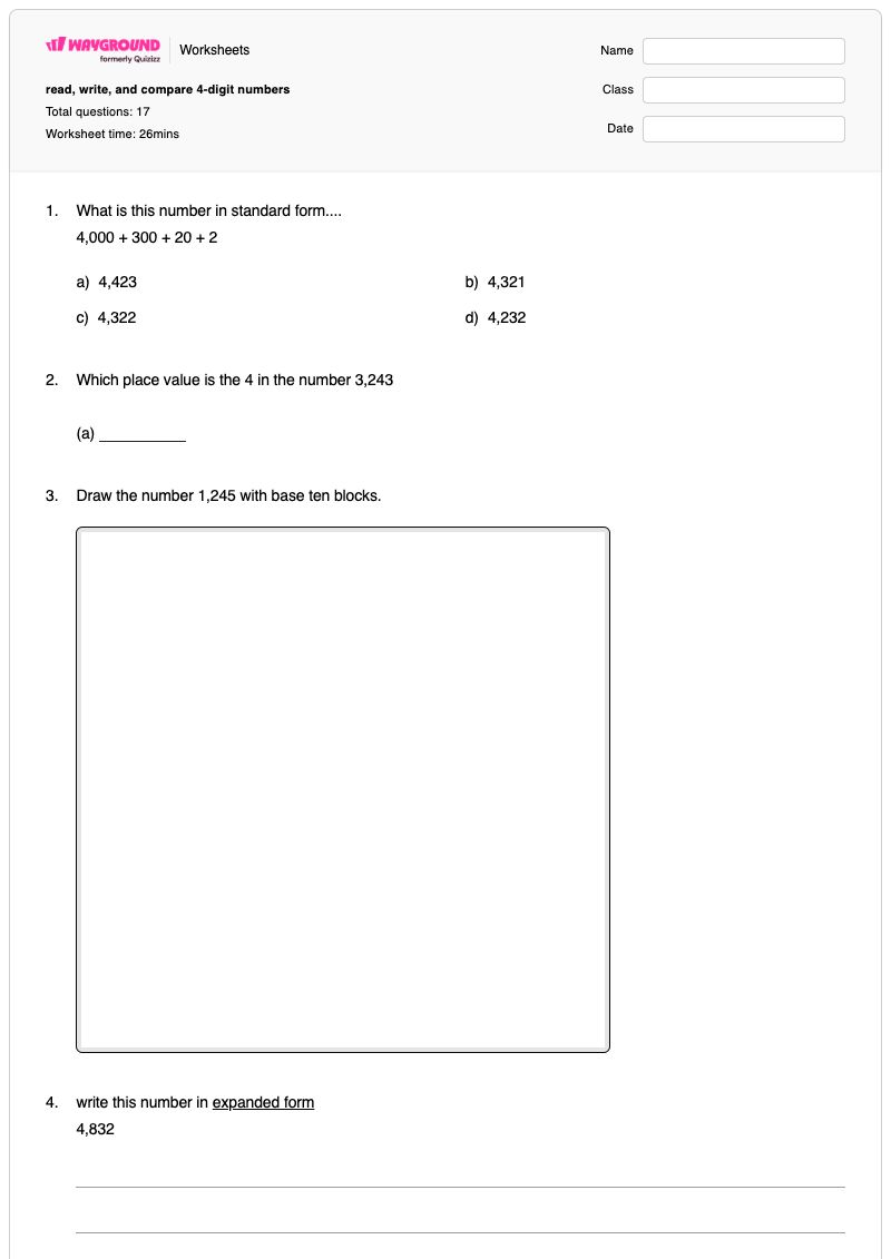 read, write, and compare 4-digit numbers - Printable Letters-and-numbers Worksheets Grade 3 - Wayground
