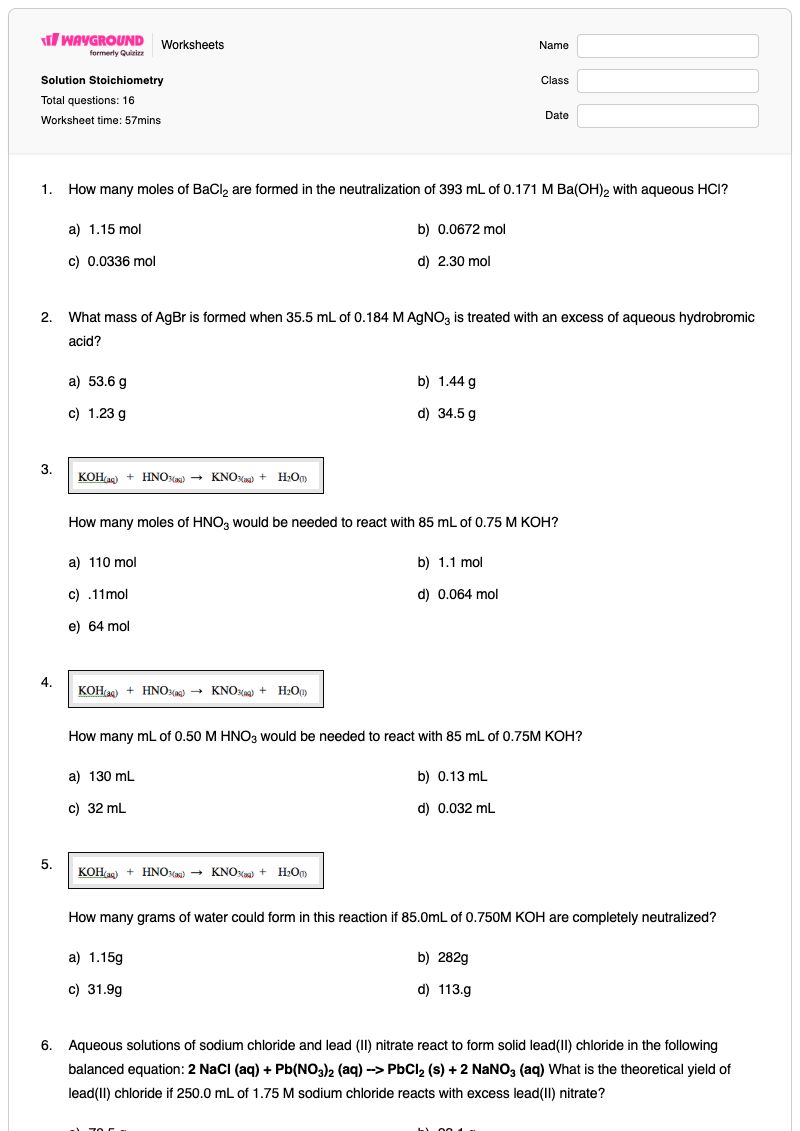 Solution Stoichiometry - พิมพ์ได้ สโตอิคิโอเมตรี เวิร์กชีท - Wayground
