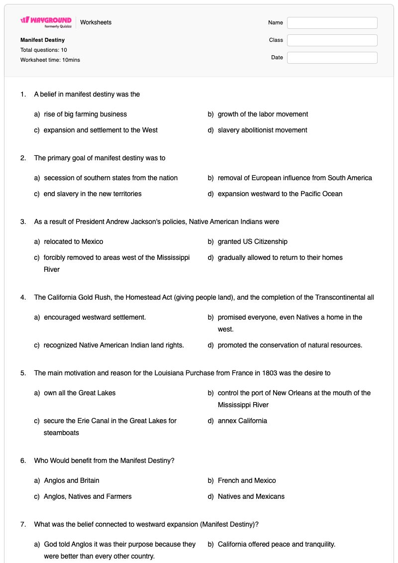 Manifest Destiny - Printable Manifest-destiny Worksheets - Wayground
