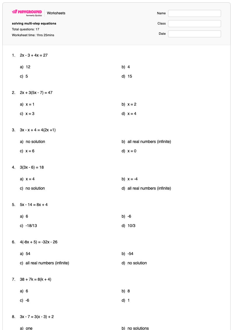 solving multi-step equations - Printable Equations-with-infinite-and-no-solutions Worksheets - Wayground