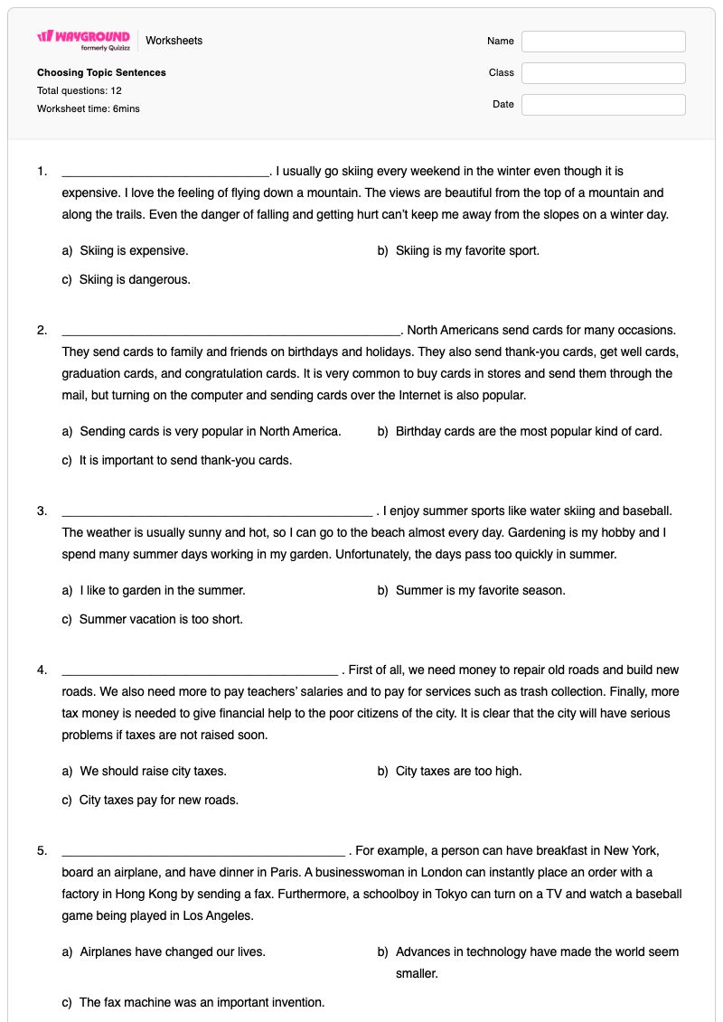 Choosing Topic Sentences - พิมพ์ได้ ประโยคหัวข้อ เวิร์กชีท ระดับ 10 - Wayground