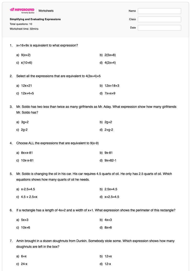 Simplifying and Evaluating Expressions - พิมพ์ได้ การประเมินนิพจน์ เวิร์กชีท - Wayground