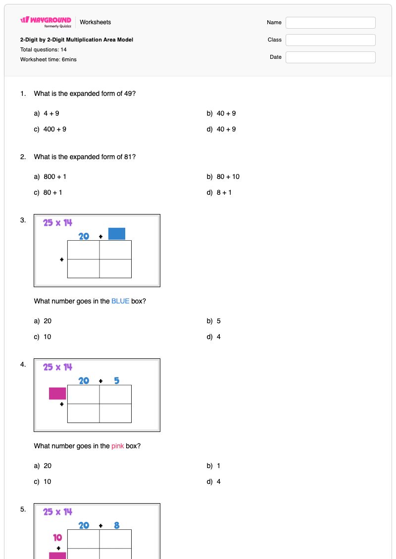 2-Digit by 2-Digit Multiplication Area Model - พิมพ์ได้ แบบจำลองการคูณและพื้นที่ เวิร์กชีท - Wayground