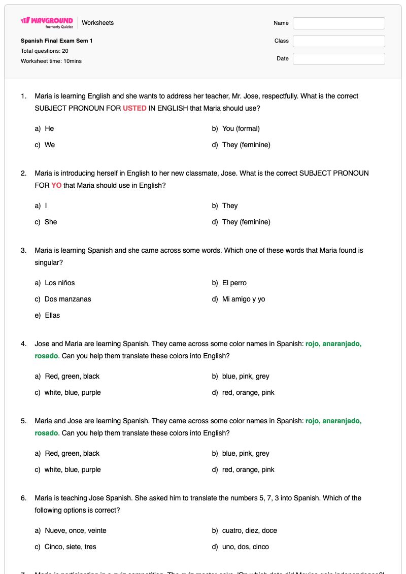 Spanish Final Exam Sem 1 - พิมพ์ได้ ภาษาอังกฤษสำหรับผู้เริ่มต้น เวิร์กชีท - Wayground