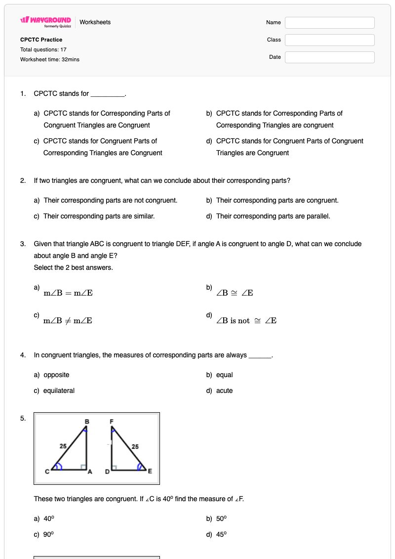 CPCTC Practice - Printable Congruence Worksheets - Wayground