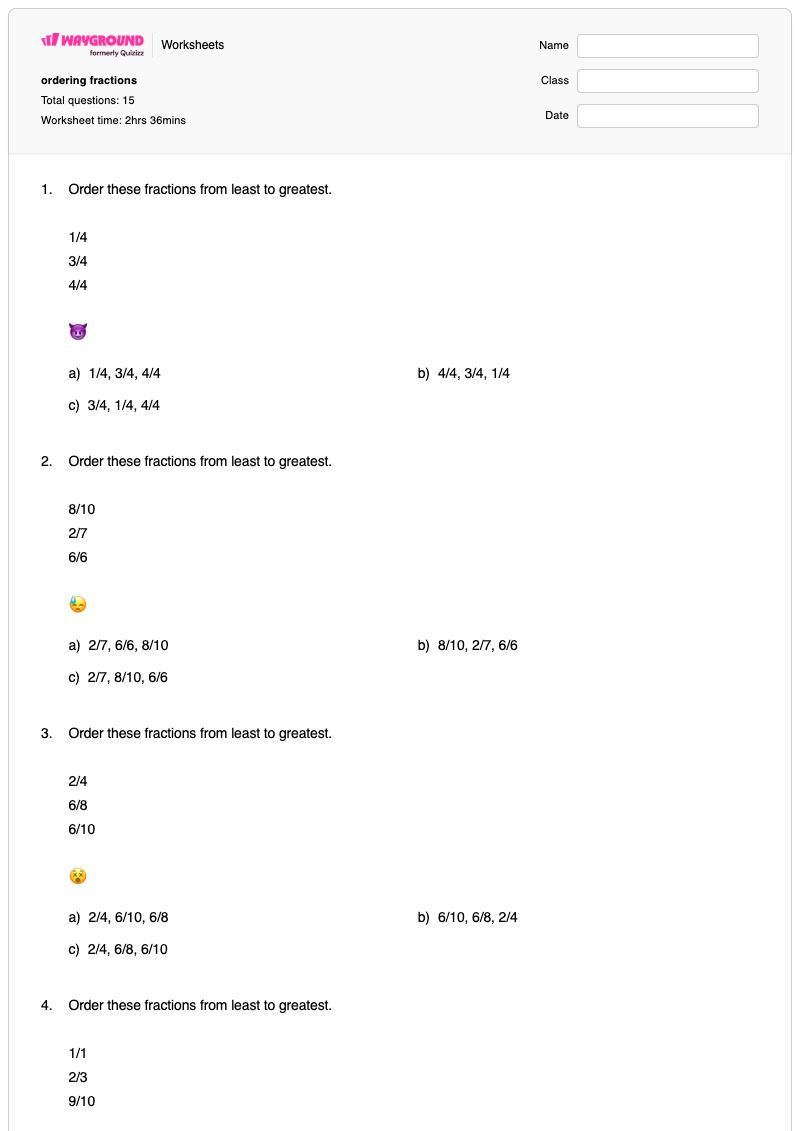 ordering fractions - Printable Fractions Worksheets - Wayground