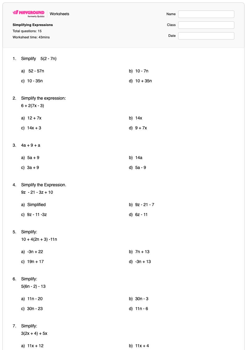 Simplifying Expressions - พิมพ์ได้ การแสดงออก เวิร์กชีท - Wayground