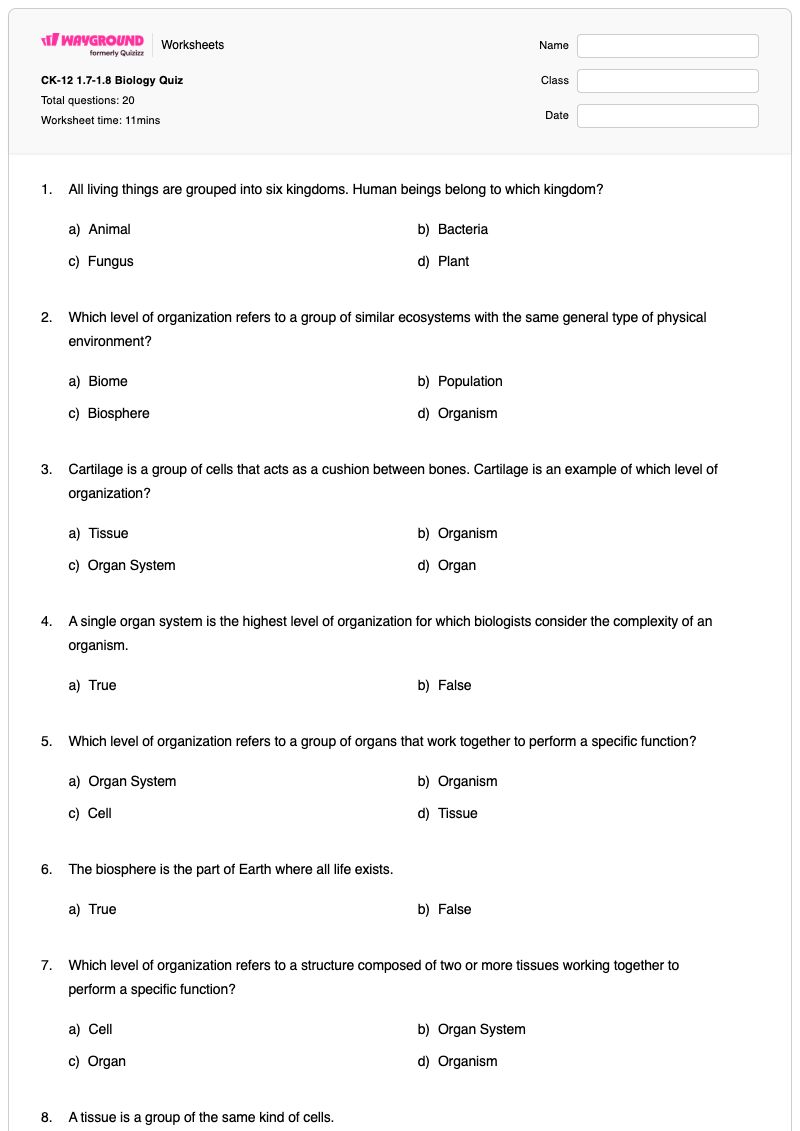 CK-12 1.7-1.8 Biology Quiz - พิมพ์ได้ Biological-classification เวิร์กชีท ระดับ 9 - Wayground
