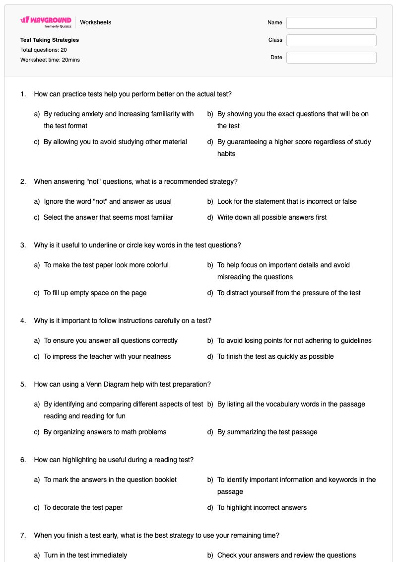 Test Taking Strategies - พิมพ์ได้ คำถามเพื่อทดสอบความเข้าใจ เวิร์กชีท - Wayground