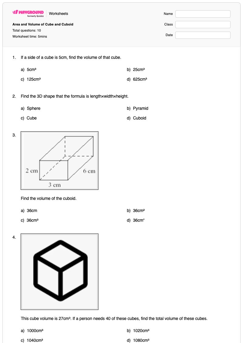 Area and Volume of Cube and Cuboid - พิมพ์ได้ ทรงลูกบาศก์ เวิร์กชีท โรงเรียนอนุบาล - Wayground