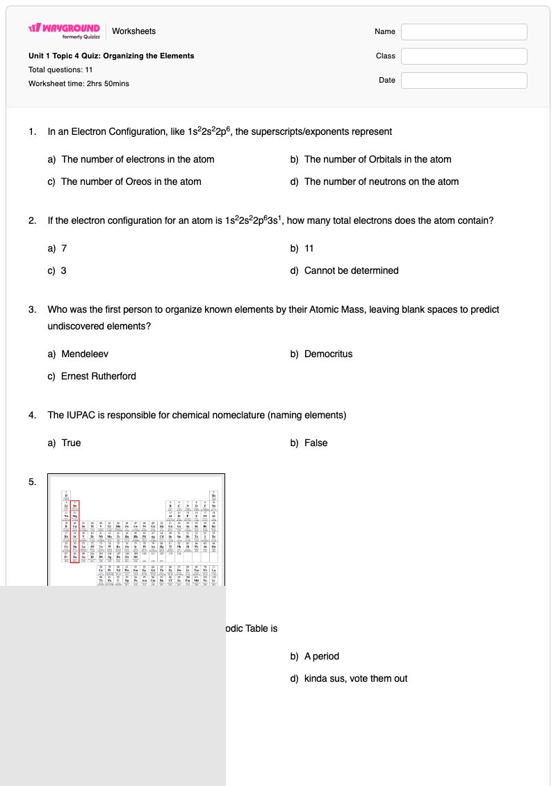 Unit 1 Topic 4 Quiz: Organizing the Elements - พิมพ์ได้ Electron-dot-diagram เวิร์กชีท - Wayground