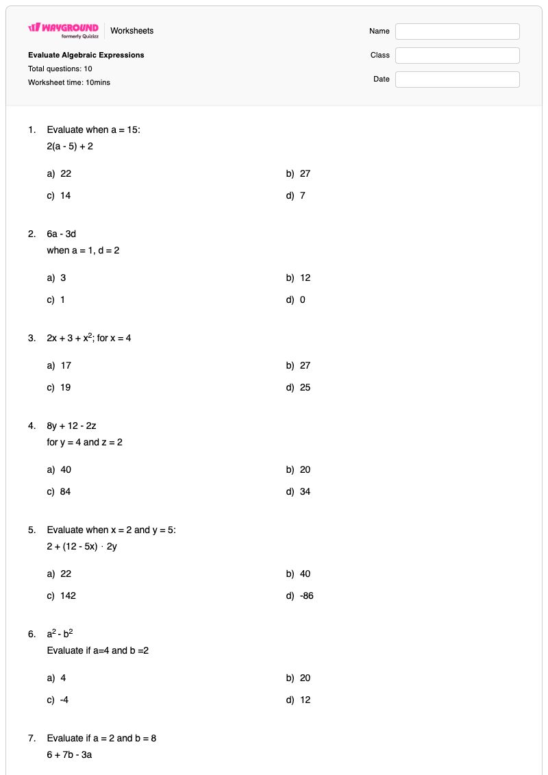 Evaluate Algebraic Expressions - พิมพ์ได้ การประเมินนิพจน์ เวิร์กชีท - Wayground