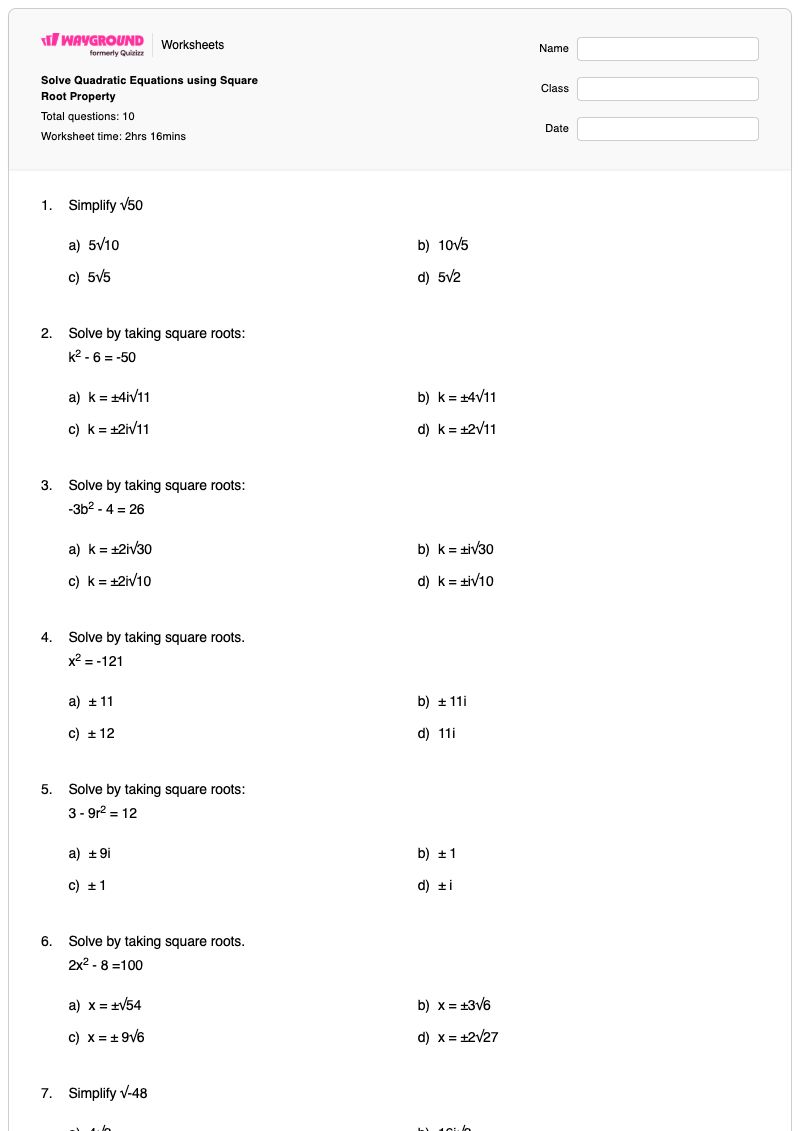 Solve Quadratic Equations using Square Root Property - พิมพ์ได้ คุณสมบัติรากที่สอง เวิร์กชีท ระดับ 11 - Wayground