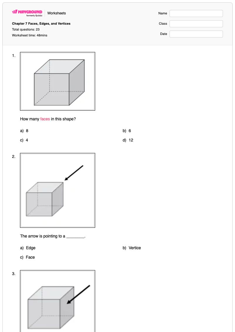 Chapter 7 Faces, Edges, and Vertices - พิมพ์ได้ Vertices เวิร์กชีท ระดับ 5 - Wayground
