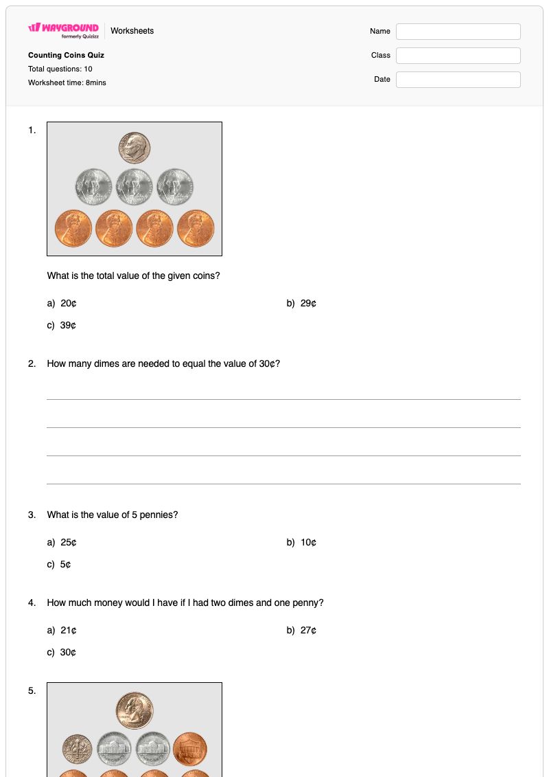 Counting Coins Quiz - Printable Counting-and-matching Worksheets Grade 1 - Wayground