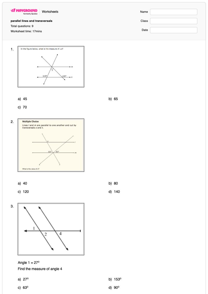 parallel lines and transversals - พิมพ์ได้ ความสัมพันธ์ระหว่างคู่มุม เวิร์กชีท - Wayground