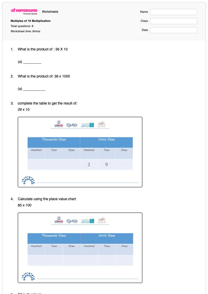 Multiples of 10 Multiplication - Printable Multiples-of-10 Worksheets - Wayground