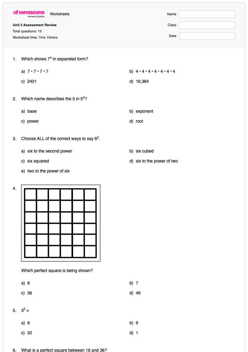 Unit 3 Assessment Review - Printable Power-to-a-power Worksheets - Wayground