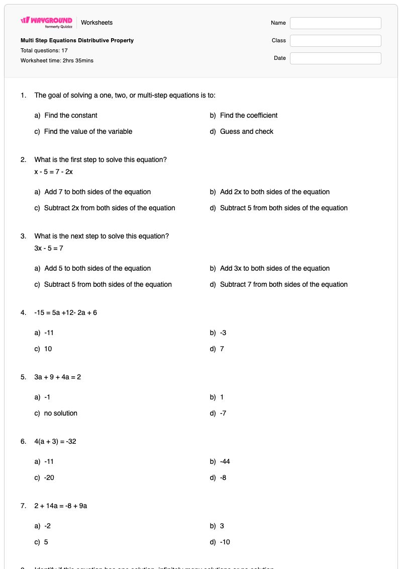Multi Step Equations Distributive Property - พิมพ์ได้ สมการหลายขั้นตอน เวิร์กชีท - Wayground