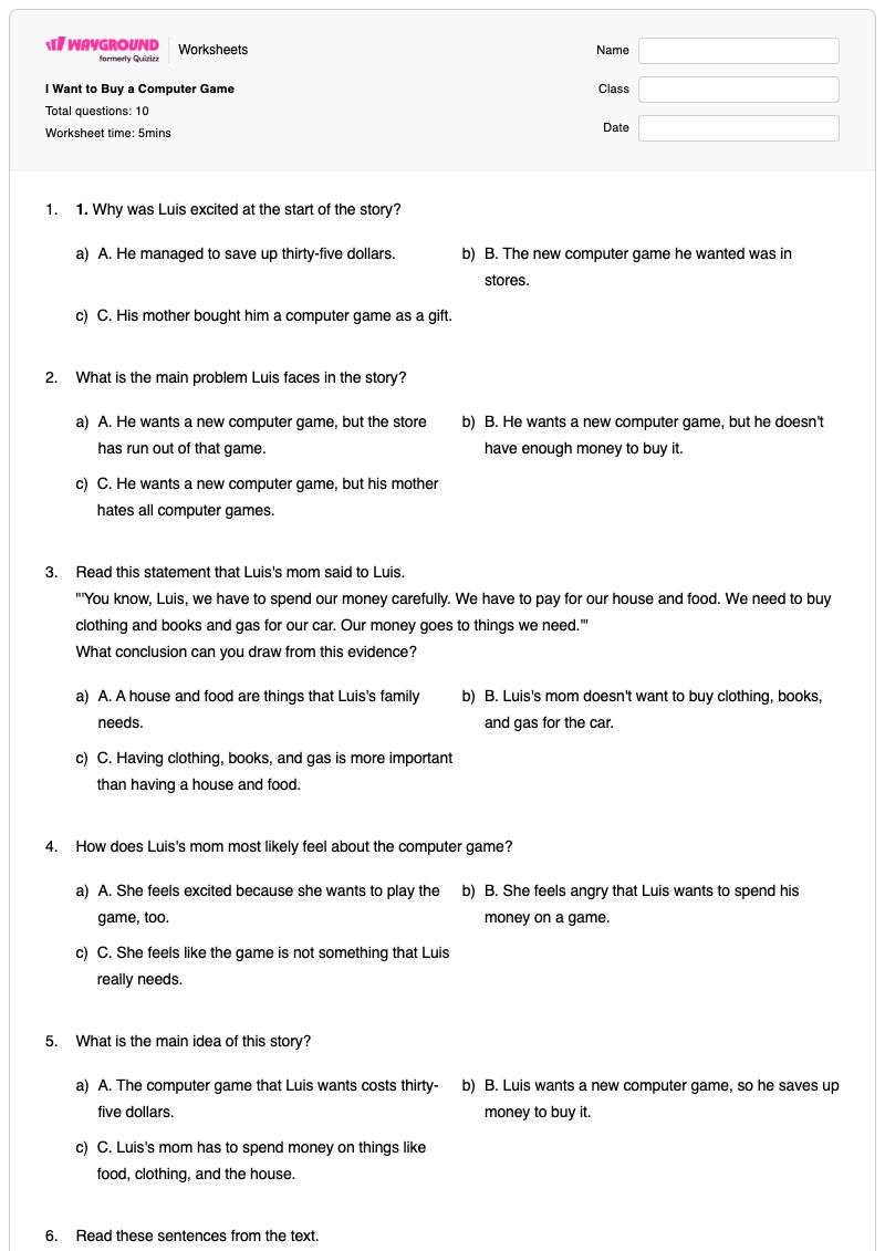 I Want to Buy a Computer Game - Printable Math Worksheets - Wayground