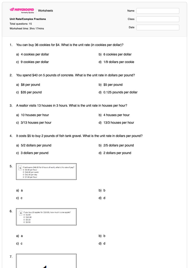Unit Rate/Complex Fractions - Printable Fractions Worksheets - Wayground