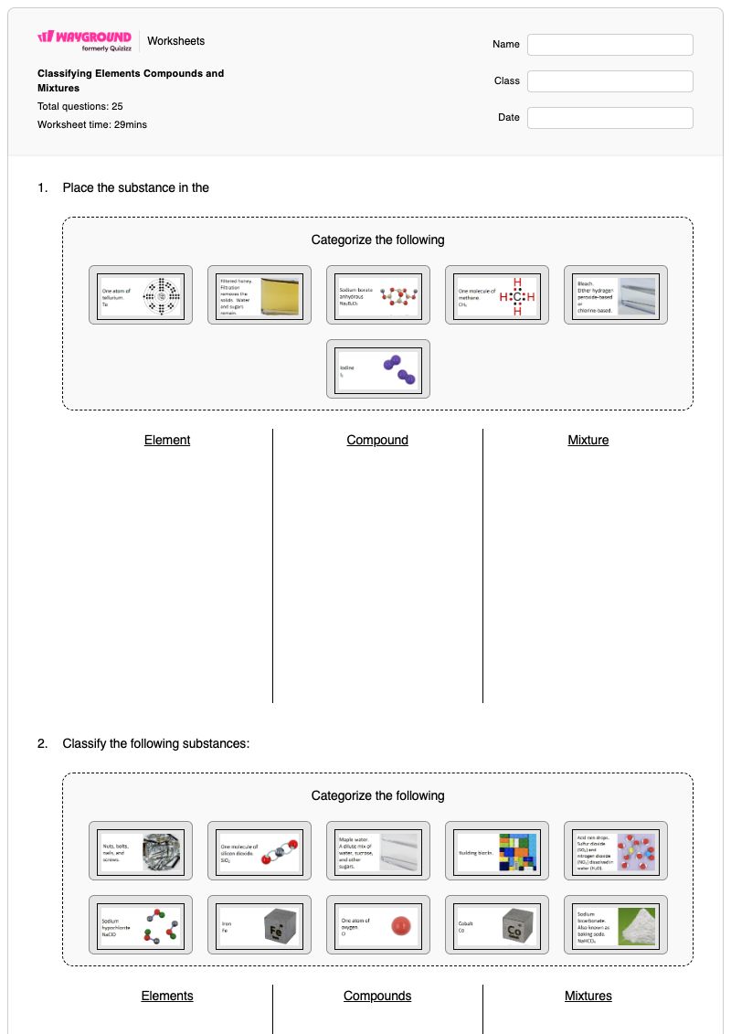 Classifying Elements Compounds and Mixtures - Printable Compounds-and-mixtures Worksheets Kindergarten - Wayground