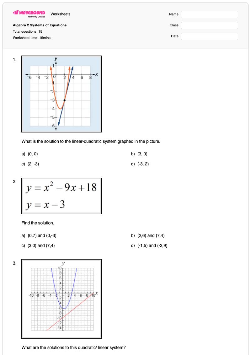 Algebra 2 Systems of Equations - Printable Algebra-2 Worksheets - Wayground