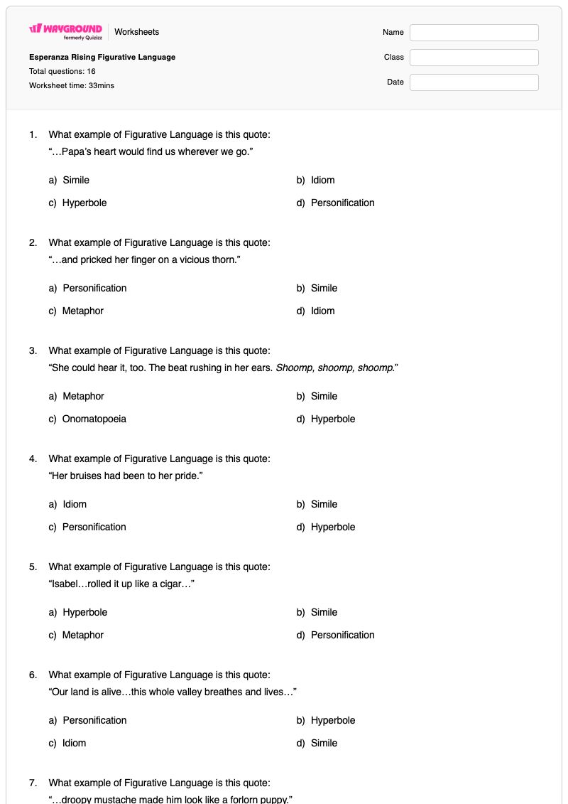 Esperanza Rising Figurative Language - พิมพ์ได้ ภาษาเปรียบเทียบ เวิร์กชีท - Wayground