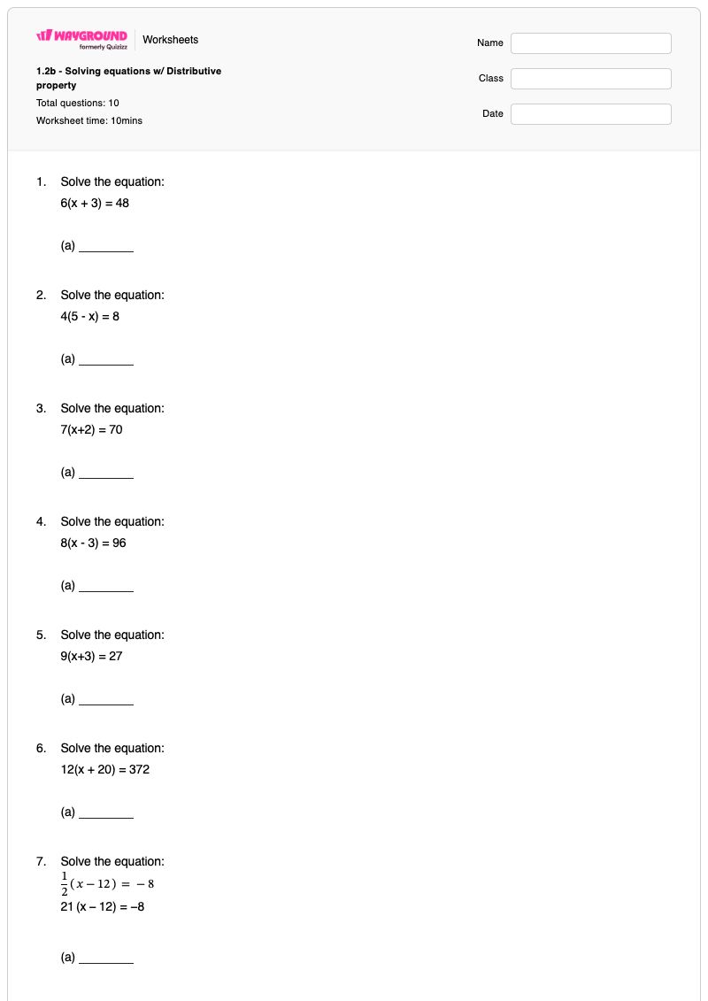 1.2b - Solving equations w/ Distributive property - พิมพ์ได้ สมการหลายขั้นตอน เวิร์กชีท - Wayground