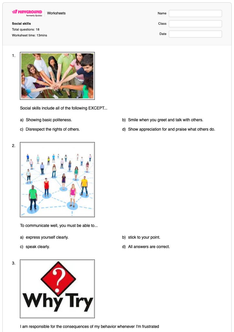 Social skills - พิมพ์ได้ ทักษะทางสังคม เวิร์กชีท - Wayground