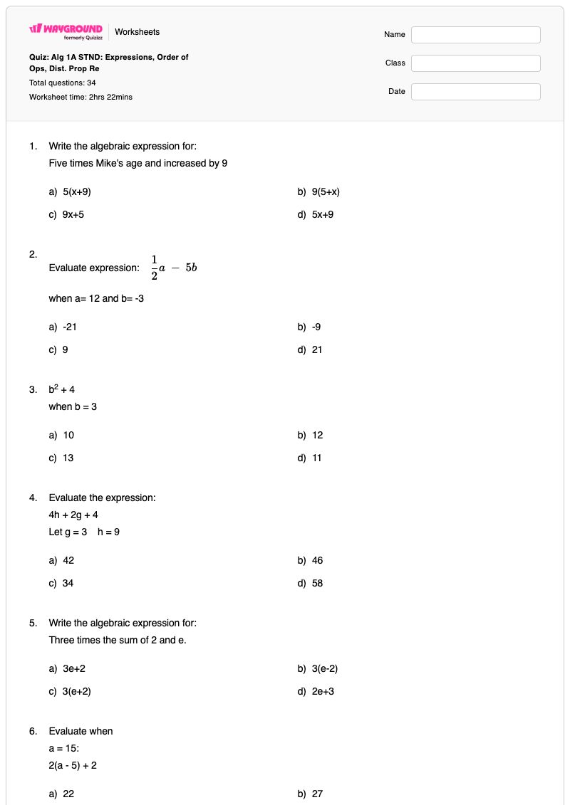 Quiz: Alg 1A STND:  Expressions, Order of Ops, Dist. Prop Re - Printable Algebra Worksheets - Wayground