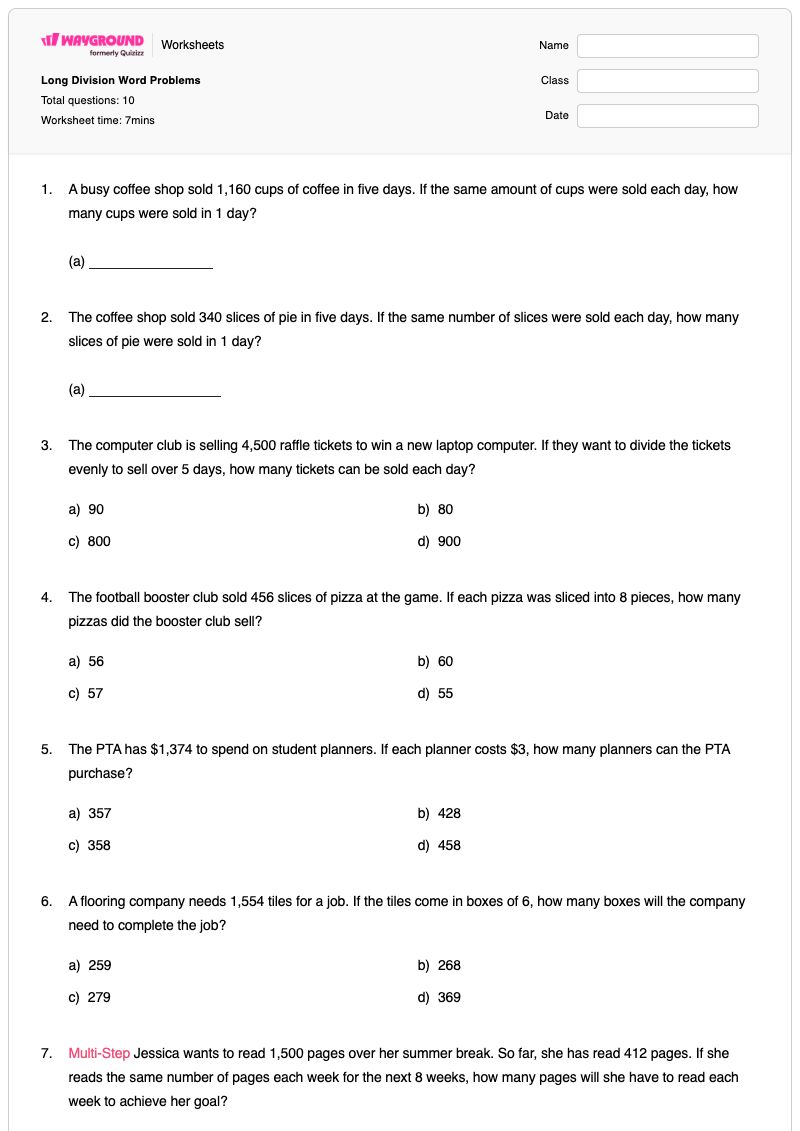 Long Division Word Problems - Imprimible Problemas-de-división Hojas-de-trabajo Grado 4 - Wayground
