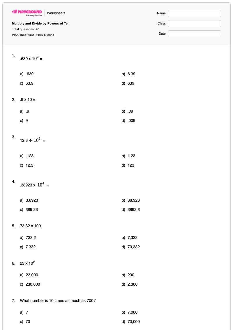 Multiply and Divide by Powers of Ten - Printable Powers-of-ten Worksheets Grade 5 - Wayground