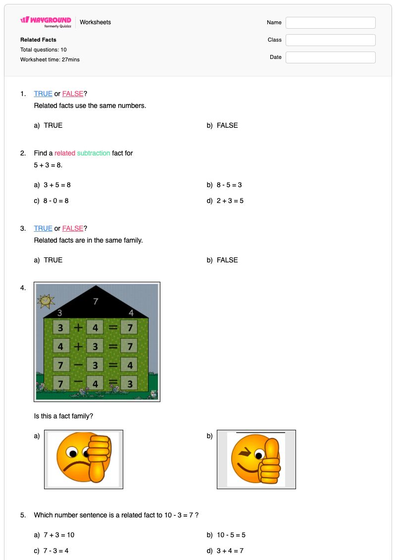Related Facts - Printable Fact-families Worksheets Year 1 - Wayground