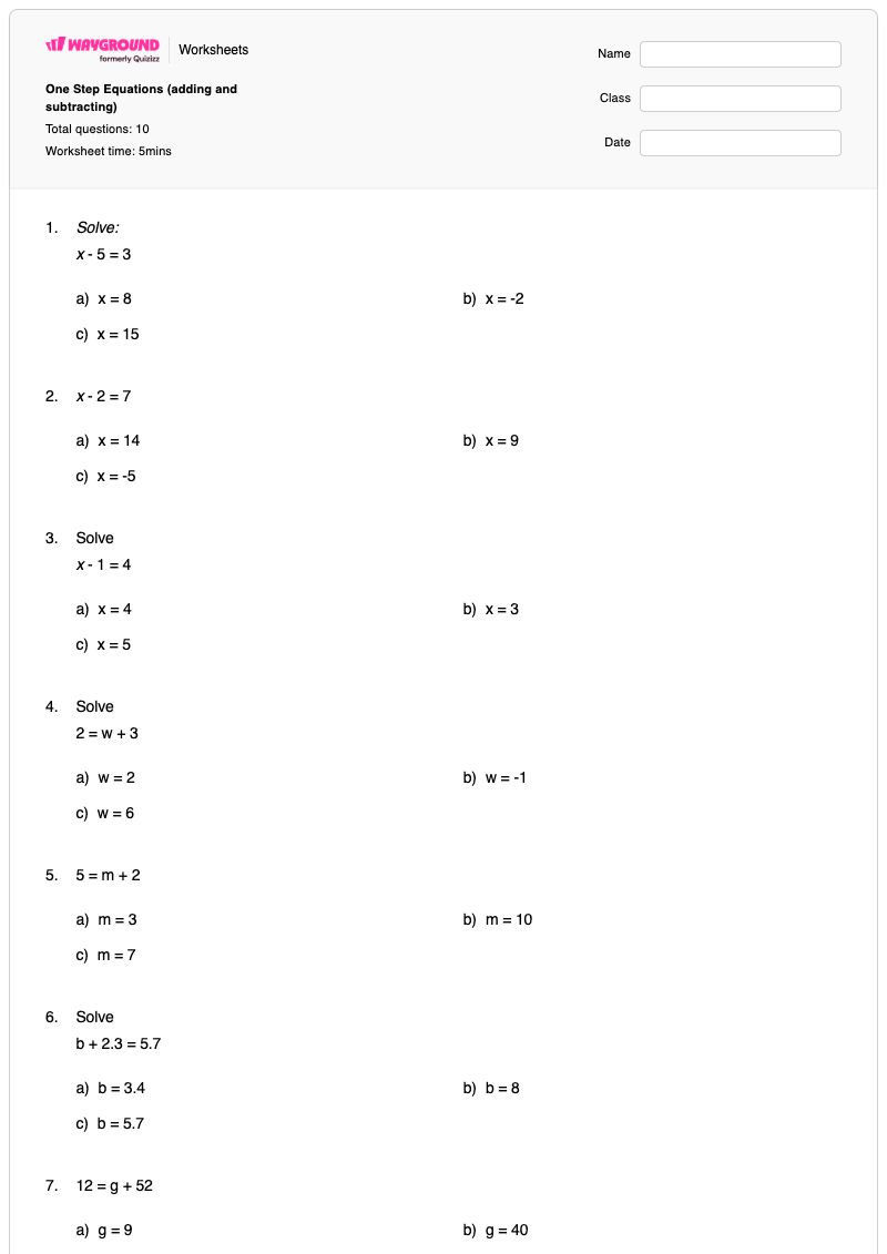 One Step Equations (adding and subtracting) - พิมพ์ได้ สมการขั้นตอนเดียว เวิร์กชีท - Wayground