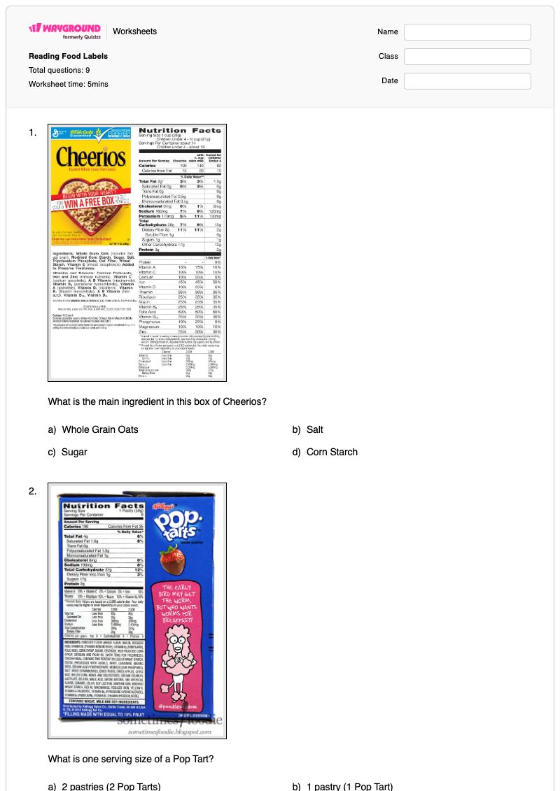 Reading Food Labels - Free Printable Worksheet | Wayground
