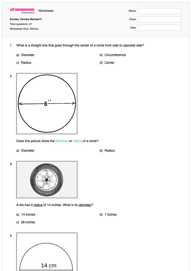 Circles, Circles Review!!! - พิมพ์ได้ Diameter เวิร์กชีท ระดับ 5 - Wayground